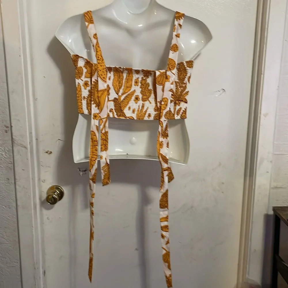 Cider boho tropical tiger gold white tie strap crop tank top 1XL smocked back - Picture 5 of 9
